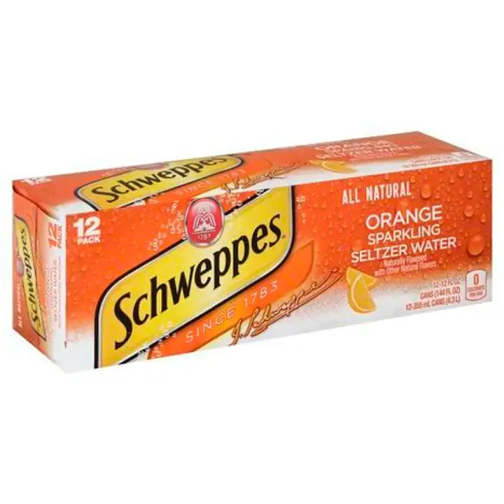 Order Schweppes Seltzer Water, Sparkling, Orange, 12 Pack - 12 Count food online from Holiday farms store, Roslyn Heights on bringmethat.com