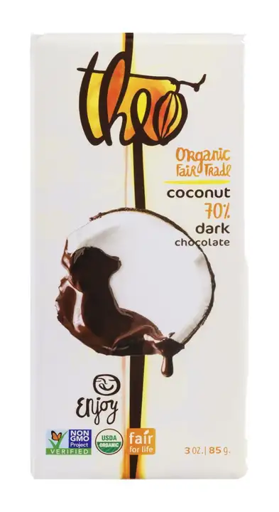 Order Theo Dark Chocolate, Coconut, 70% - 3 Ounces food online from Whole Foods Co-Op Denfeld store, Duluth on bringmethat.com