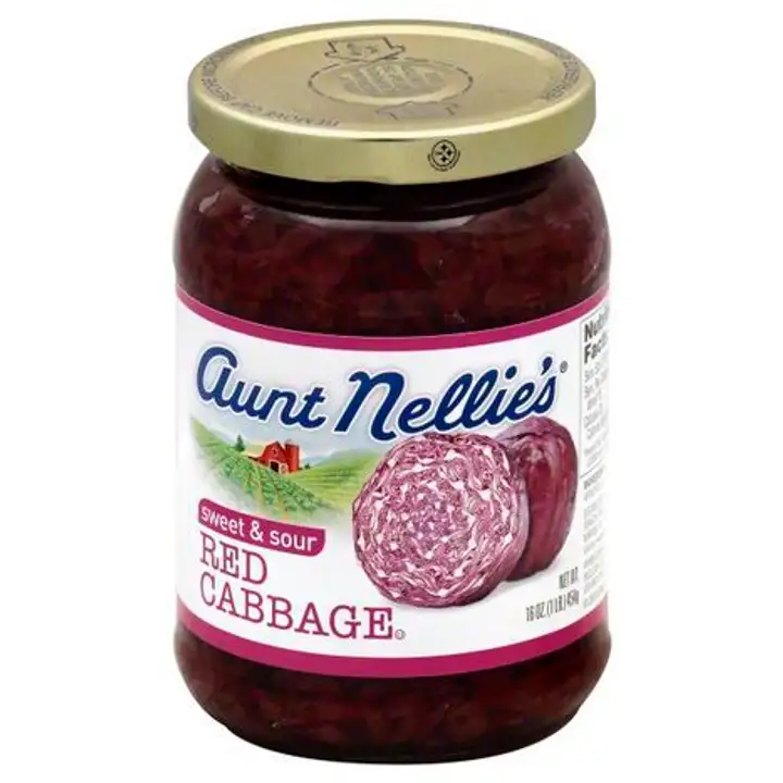 Order Aunt Nellies Cabbage, Red, Sweet & Sour - 16 Ounces food online from Holiday farms store, Roslyn Heights on bringmethat.com