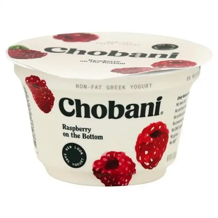 Order Chobani Yogurt, Greek, Non-Fat, with Raspberry on the Bottom - 5.3 Ounces food online from Novato Harvest Market store, Novato on bringmethat.com